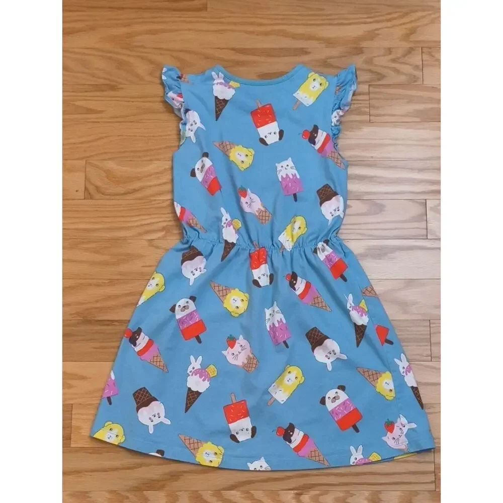 Mini Boden Flutter Sleeve Blue Ice Cream & Popsicle Print Dress Size 11/12 EUC